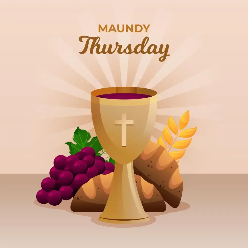 maundy thursday wishing with Sacred Vessel of the Eucharist and fruits and breads behind for semana santa 2024