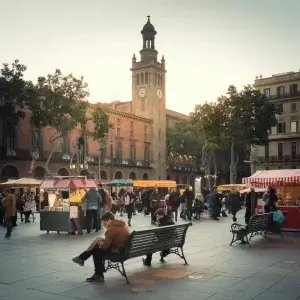 History of Paella: A bustling Plaça de Catalunya with food stalls and historic clock tower.