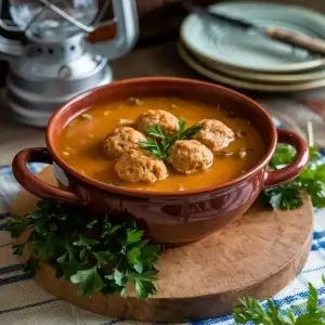 Spanish Saffron Meatball Soup served in a rustic bowl, garnished with fresh parsley and accompanied by a slice of crusty bread.