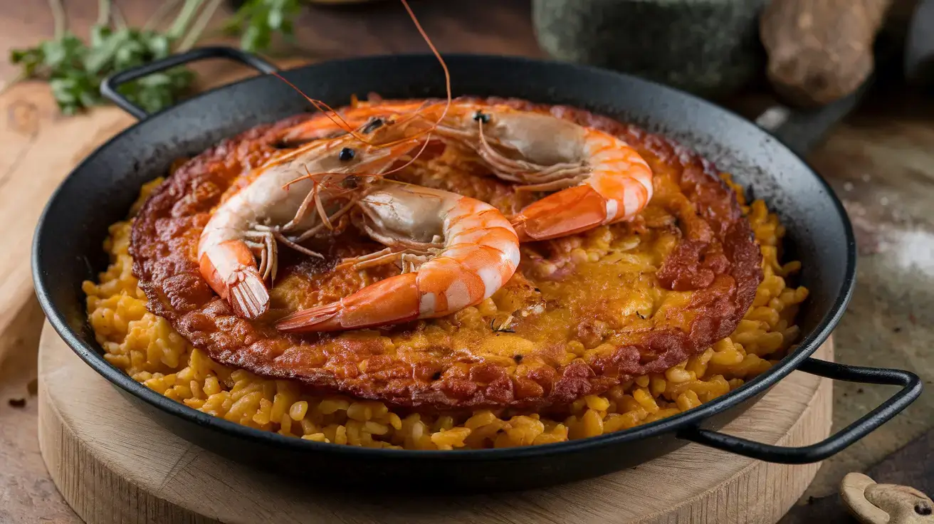 Crispy golden socarrat paella with grilled shrimp, showcasing the History of Paella