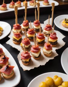Crispy bread topped with cheese, meat, and olives arranged as classic Spanish pintxos recipes