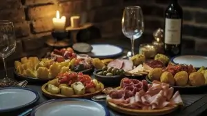 Cheap Tapas in Barcelona: A cozy table with patatas bravas, croquetas, meats, cheeses, and wine in a rustic setting