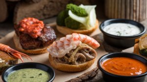 variety of pintxos with different sauces