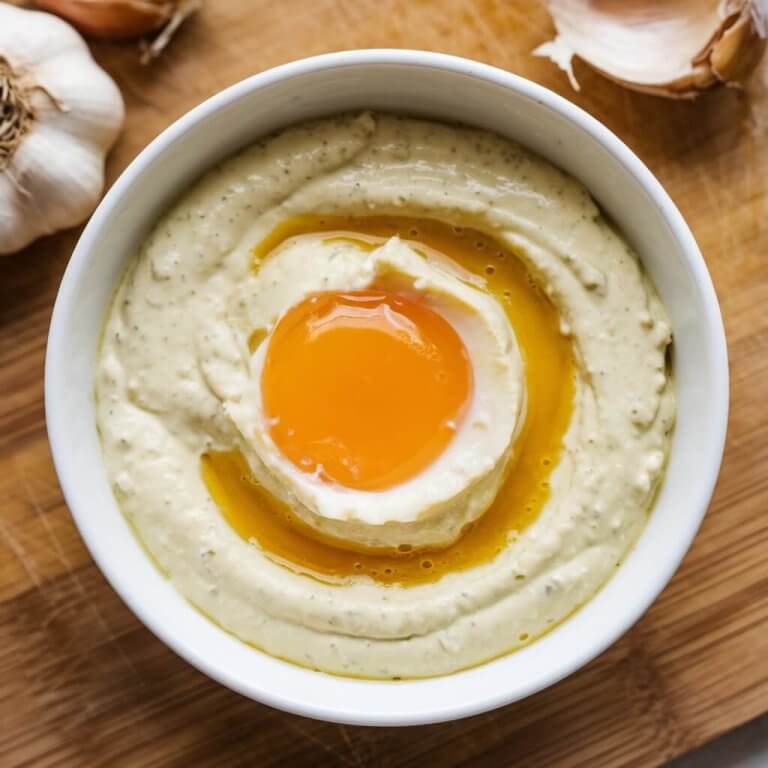 A bowl of creamy allioli, one of the classic Spanish sauces with garlic.