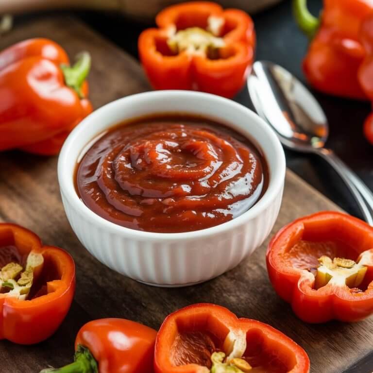 A bowl of smoky piquillo pepper Spanish sauce on a wooden board