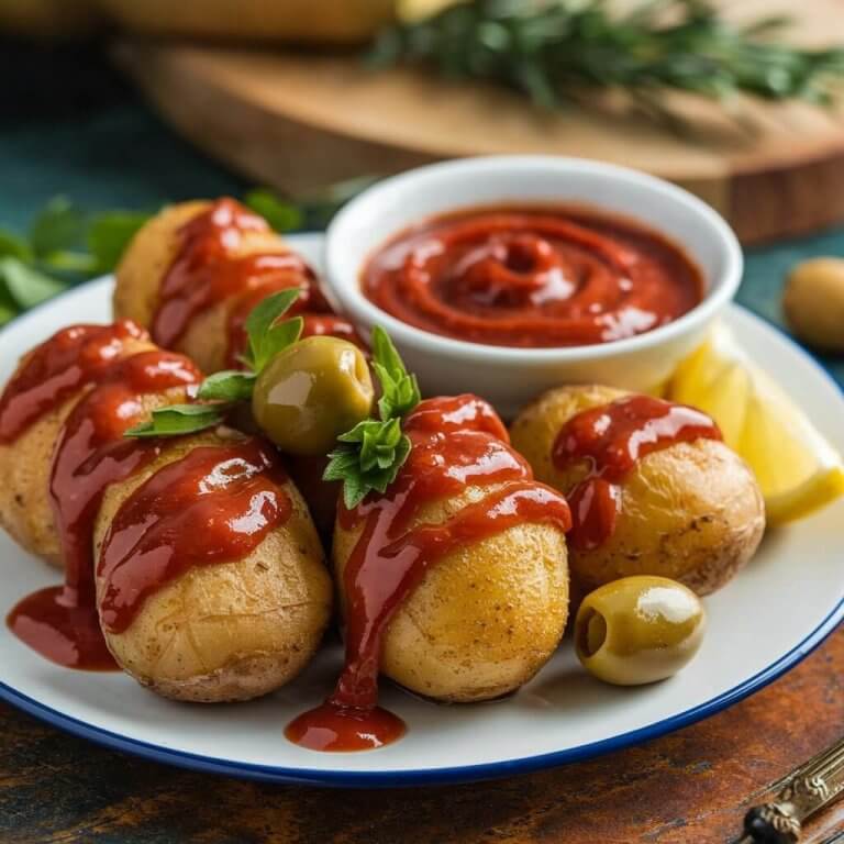 A plate of Patatas Bravas with spicy Spanish sauces and olives.