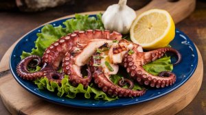 plate of grilled Spanish Octopus with lemon, olive oil, and garlic.