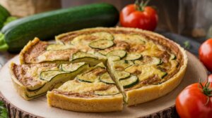 Frittata with Zucchini and Tomatoes: A sliced frittata with fresh zucchini and tomatoes on a wooden board