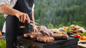Perfectly Grilled Meat: Juicy steaks cooking on a barbecue grill outdoors