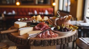 Spanish Cheese Board: A wooden platter with assorted cheeses, cured meats, olives, and bread, served in a cozy restaurant